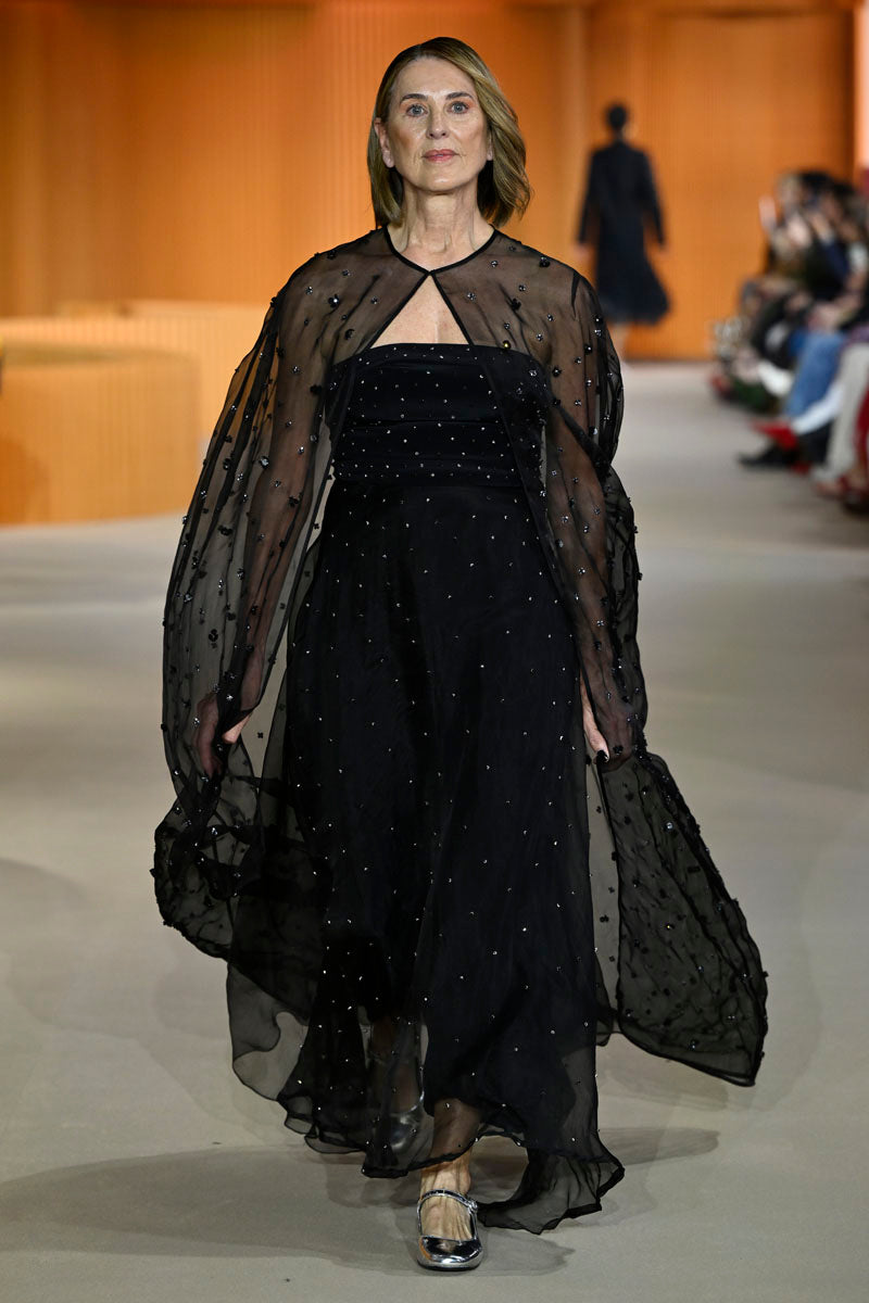 Black Maxi Floral Beaded Cape by MASTANI, featuring intricate floral beadwork and elegant design, perfect for stylish outerwear.