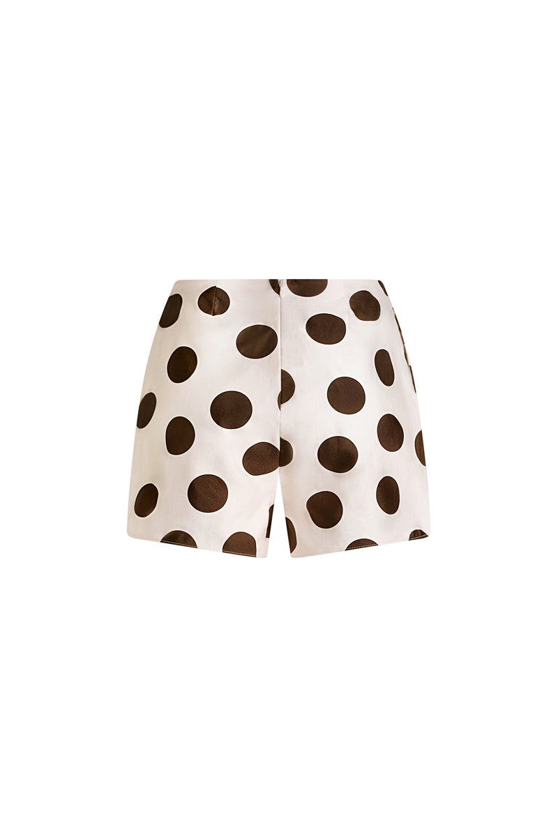 Scarlett Gasque Monique Short in dot pattern, chocolate mauve color, showing lightweight fabric and stylish fit.