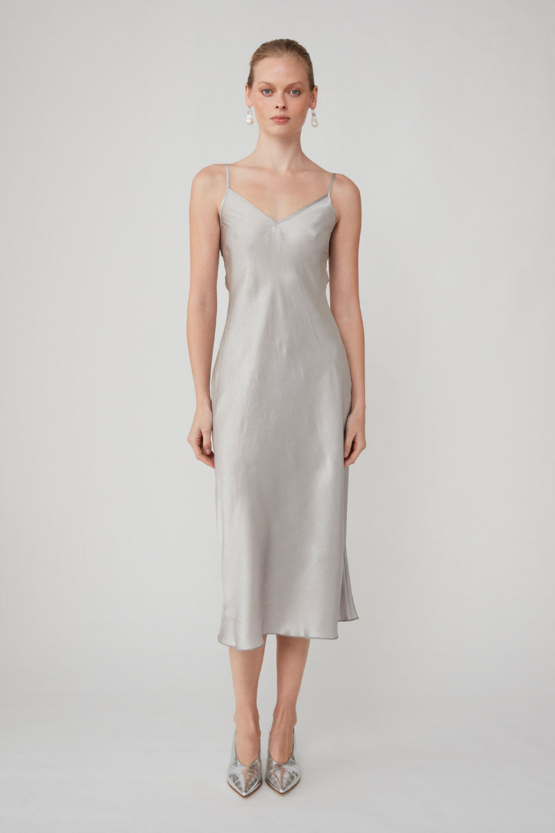 silver slip dress midi Scarf Tie High-Neck Halter Midi Slip Dress