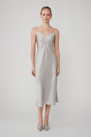 Silver MASTANI slip dress, a stylish midi dress with a sleek, elegant design perfect for evening or formal wear.