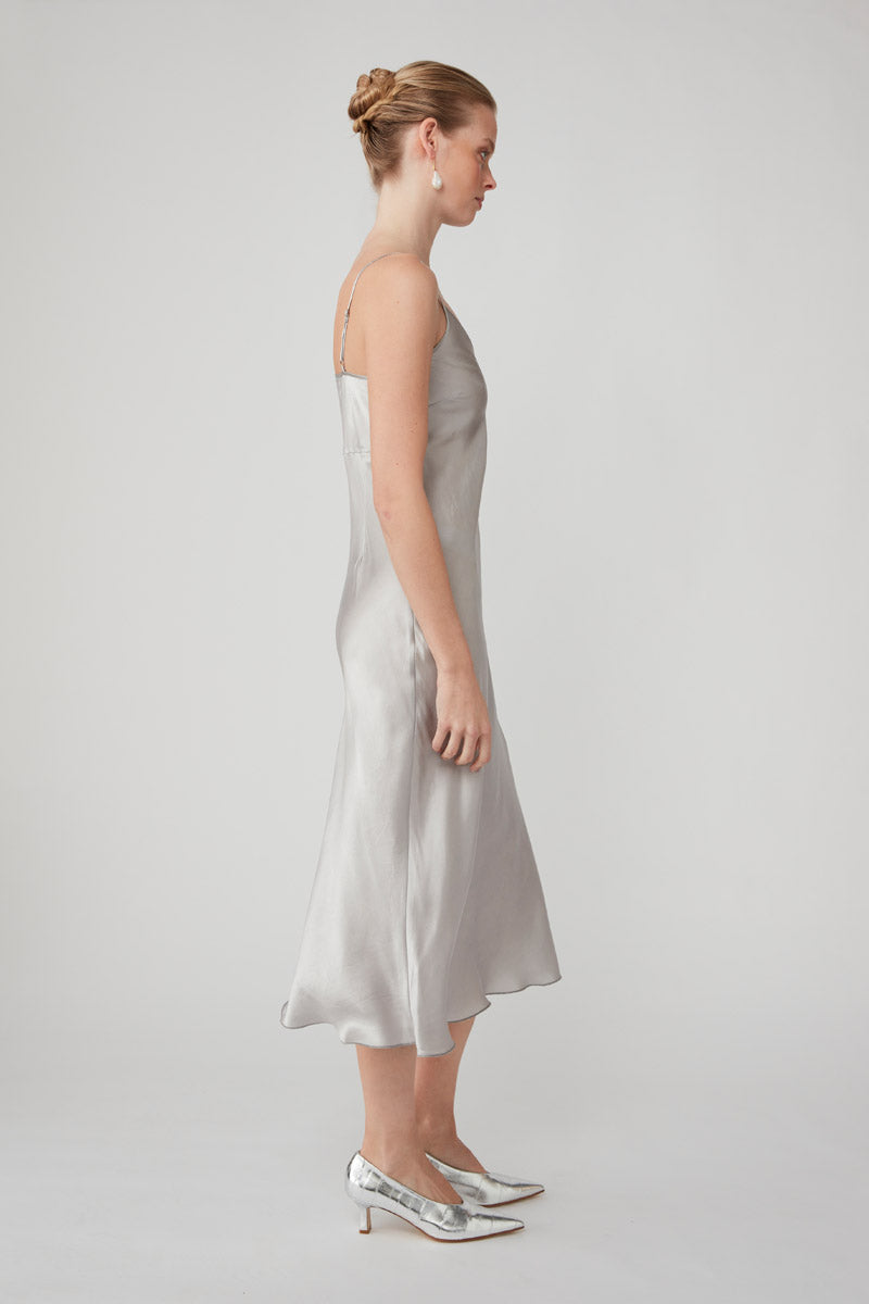 silver slip dress midi Joie Surene Midi Dress in Metallic Neutral