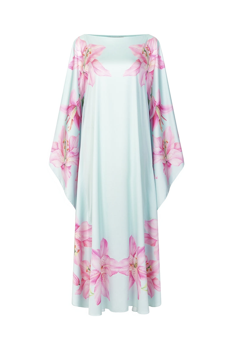 Multicolor Valenciani Oasis Maxi Kaftan dress with flowing fabric and vibrant patterns, perfect for summer or beachwear.