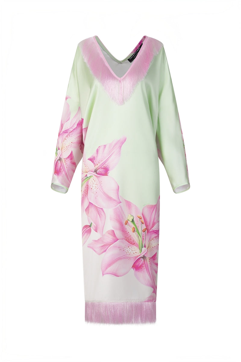 Multicolor V-neck midi kaftan dress by Valenciani, flowing fabric with vibrant patterns, perfect for casual or beach wear.