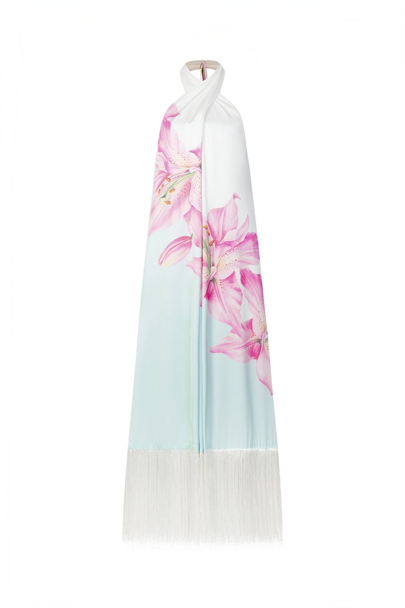 Colorful Valenciani Riviera halter maxi dress featuring a vibrant multicolor pattern and flowing fabric.