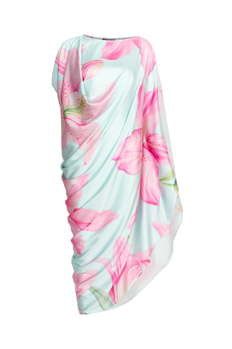 Multicolor asymmetrical drape maxi dress by Valenciani featuring flowing fabric and stylish design.
