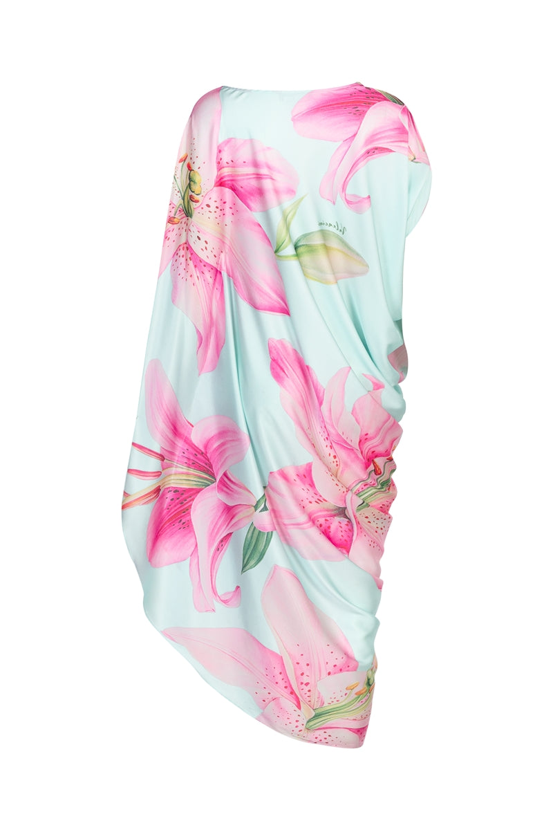 Multicolor asymmetrical drape maxi dress by Valenciani, flowing fabric with unique design details.