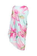 Multicolor asymmetrical drape maxi dress by Valenciani, flowing fabric with unique design details.