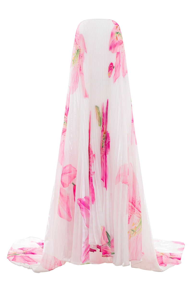 Valenciani CULT MIA X VALENCIANI floral blossom pleated maxi gown displayed on a hanger with a flowing silhouette.