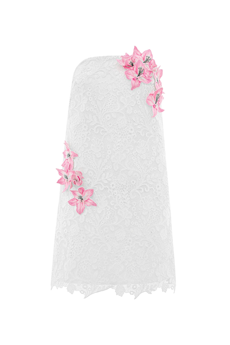White strapless mini lace dress by Valenciani, showing intricate lace details and a fitted silhouette.
