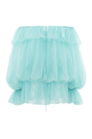 Turquoise off-shoulder mini dress styled as a scarf, by Valenciani, shown in a vibrant, flowing fabric with detailed draping.