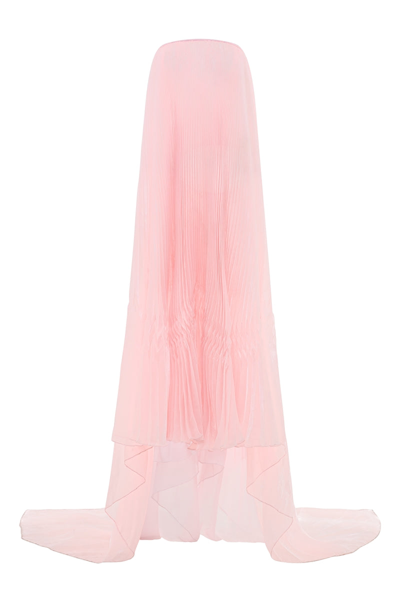 Valenciani strapless pleated pastel pink maxi dress displayed on a hanger, showcasing its flowing fabric and elegant design.