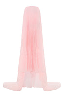 Valenciani strapless pleated pastel pink maxi dress displayed on a hanger, showcasing its flowing fabric and elegant design.