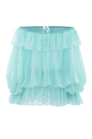 Turquoise Valenciani off-shoulder mini dress displayed as a stylish scarf, showcasing vibrant color and elegant design.