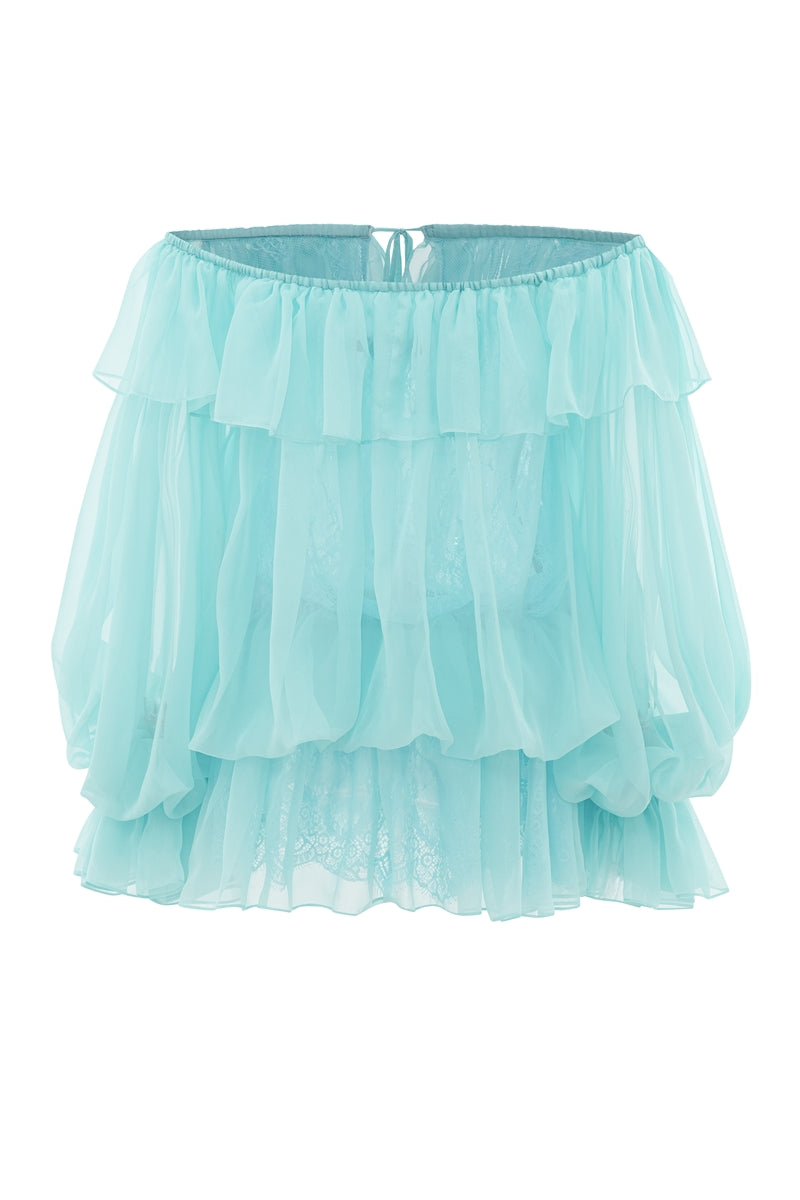 Turquoise Valenciani off-shoulder mini dress displayed as a stylish scarf, showcasing vibrant color and elegant design.