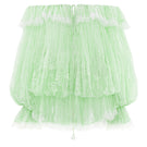 Valenciani off-shoulder lace mini dress displayed on a hanger, featuring delicate lace fabric and a stylish, fitted design.