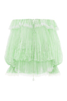 Valenciani off-shoulder lace mini dress displayed on a hanger, featuring delicate lace fabric and a stylish, fitted design.