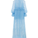 Ice blue Valenciani cold shoulder maxi lace dress displayed on a hanger, featuring delicate lace fabric and flowing silhouette.