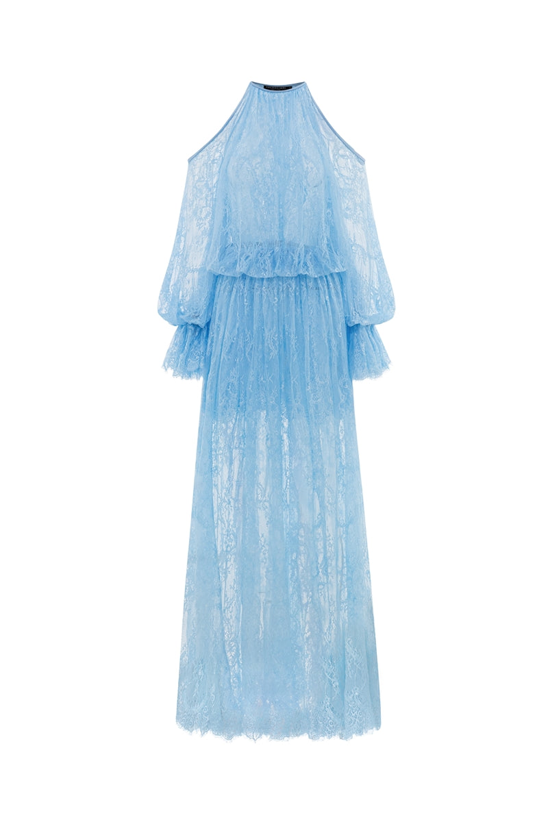 Ice blue Valenciani cold shoulder maxi lace dress displayed on a hanger, featuring delicate lace fabric and flowing silhouette.