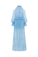 Ice blue Valenciani cold shoulder maxi lace dress displayed on a hanger, featuring delicate lace fabric and flowing silhouette.