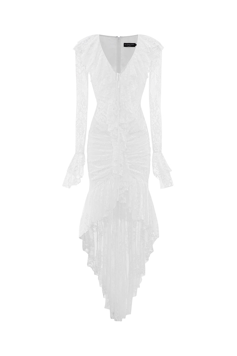 White Seraphina ruffle high-low midi dress by Valenciani, featuring flowing fabric and elegant ruffle details.