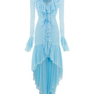 Valenciani Cult Mia X Valencianni The Seraphina Ruffle High-Low Midi Dress displayed with ruffled details and elegant high-low hem.