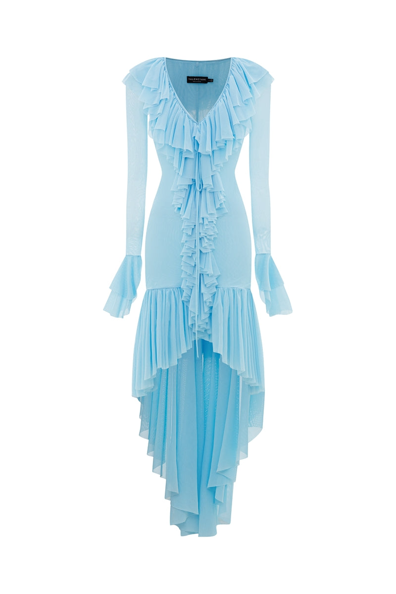 Valenciani Cult Mia X Valencianni The Seraphina Ruffle High-Low Midi Dress displayed with ruffled details and elegant high-low hem.