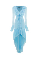 Valenciani Cult Mia X Valencianni The Seraphina Ruffle High-Low Midi Dress displayed with ruffled details and elegant high-low hem.