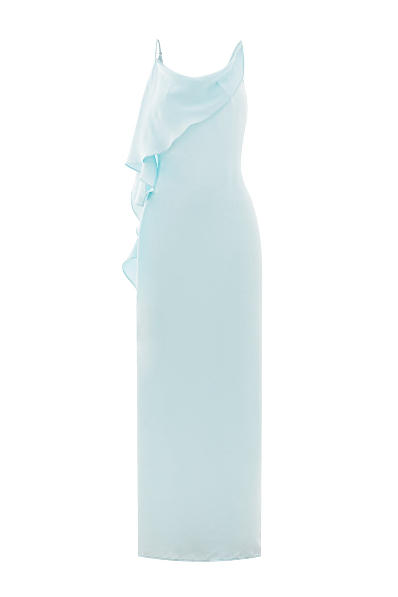 Valenciani Galatea cape gown in ice blue, elegant maxi dress with flowing fabric and sophisticated design, perfect for formal occasions.