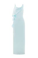 Valenciani Galatea cape gown in ice blue, elegant maxi dress with flowing fabric and sophisticated design, perfect for formal occasions.
