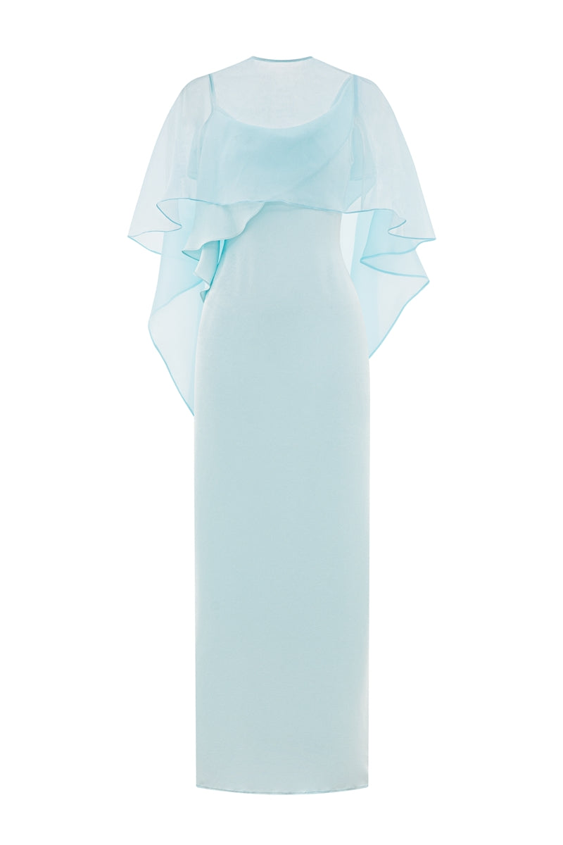 Valenciani The Galatea Cape Gown in ice blue, a flowing maxi dress with cape detail, elegant and perfect for formal occasions.