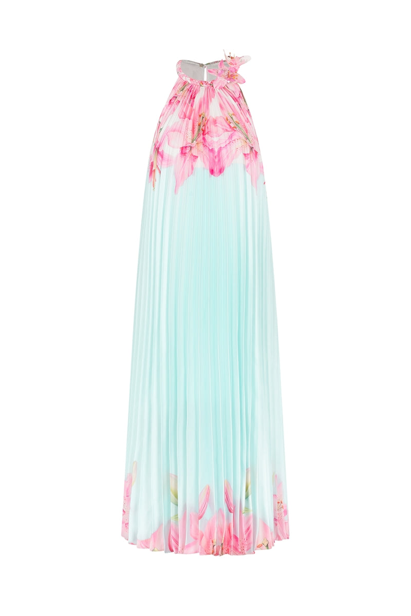 Multicolor watercolor accordion maxi dress by Valenciani with flowing fabric and vibrant pattern, perfect for summer or casual wear.