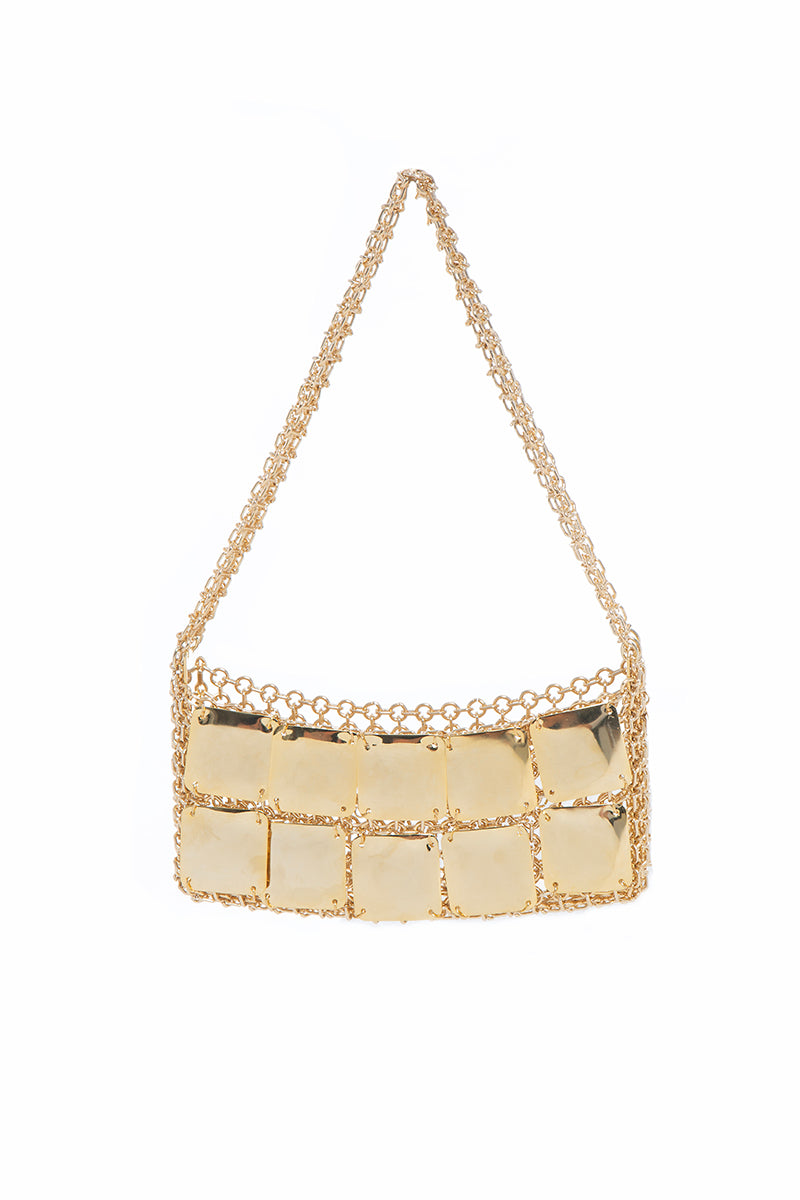 Silvia Gnecchi Mini Choco in Gold shoulder bag with sleek design and shiny gold finish, stylish accessory for everyday wear.