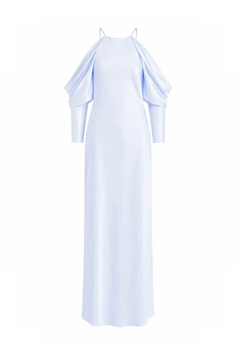 Baby blue Coralillo maxi dress by Maylé Vásquez, flowing fabric and elegant design perfect for special occasions.