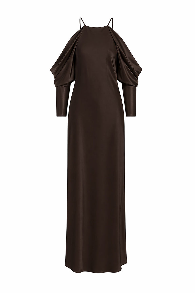 Brown Coralillo maxi dress by Maylé Vásquez featuring a flowing silhouette and elegant design for versatile summer wear.