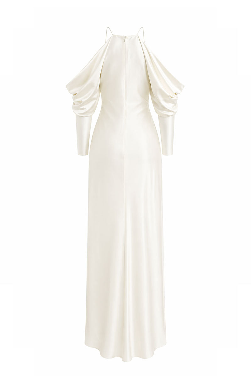 Off-white Coralillo maxi dress by Maylé Vásquez, flowing fabric with a stylish, elegant design perfect for summer wear.