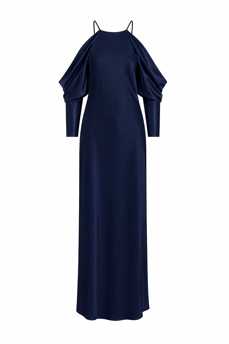 Midnight blue Coralillo maxi dress by Maylé Vásquez, flowing fabric with elegant design, perfect for summer or special occasions.