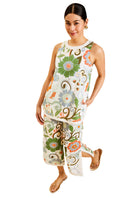 Mestiza New York Judah cropped pants with groovy floral pattern, shown in front view with the Corey tunic top.
