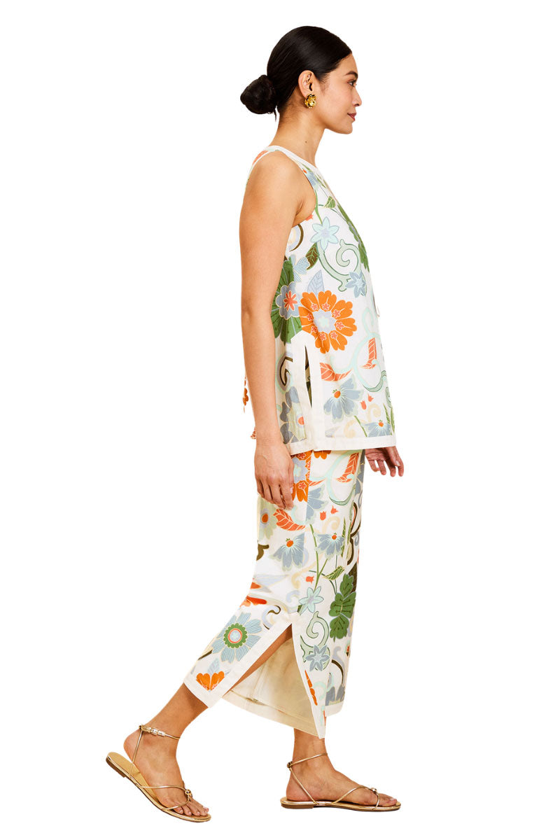 Mestiza New York Judah cropped floral pants styled with a Corey tunic top, shown from side view.