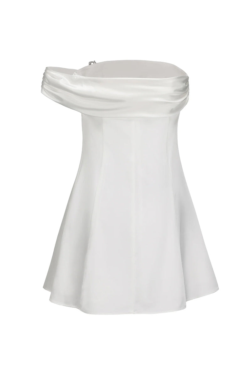 White Cornelia mini dress by Nana Jacqueline, back view showing fitted silhouette and elegant design details.