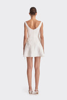 White A-line mini dress with corset-style bodice from Stolen Stores, featuring a fitted waist and elegant off-white fabric.