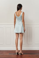 Blue CULT MIA X Stolen Stores corset A-line mini dress, shown on a model with sleek design and stylish fit.