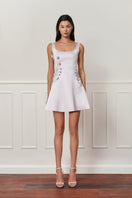 Stolen Stores CULT MIA X lilac A-line mini dress featuring a corset-style top and fitted silhouette.