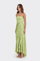Green corset draped maxi dress by Stolen Stores featuring a fitted bodice and flowing skirt, perfect for elegant occasions.