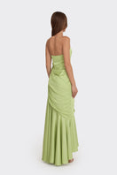 Green corset draped maxi dress by Stolen Stores, featuring a fitted bodice and flowing skirt, perfect for elegant occasions.