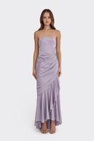 Dusty purple corset draped maxi dress by Stolen Stores, featuring a fitted bodice and flowing skirt in a stylish, elegant design.