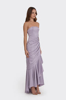Violet corset draped maxi dress by Stolen Stores featuring a fitted bodice and flowing skirt, perfect for elegant occasions.