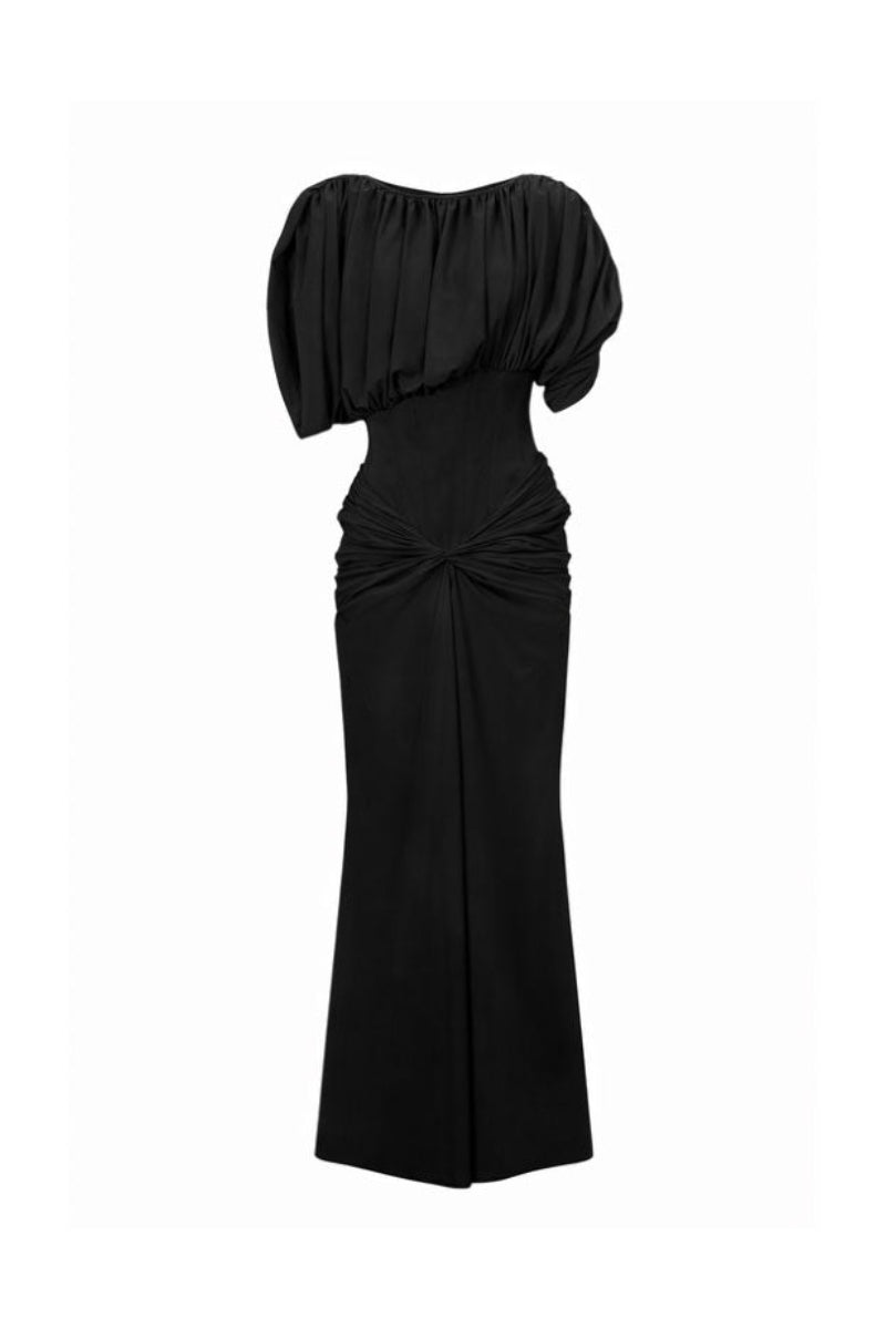 Black corset dress from Santa Brands, a stylish maxi dress with fitted bodice and flowing skirt, perfect for elegant occasions.