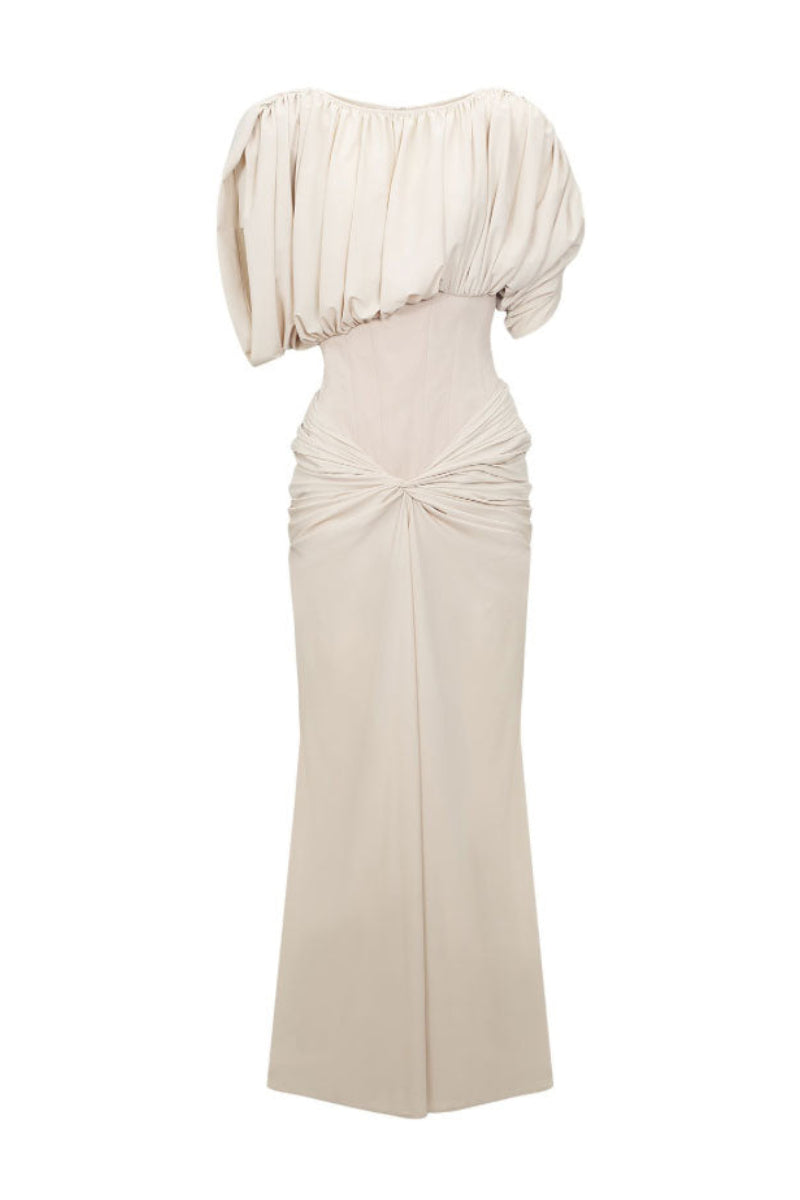 Ivory corset dress by Santa Brands, featuring a fitted top and flowing maxi skirt, perfect for elegant occasions.