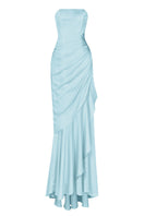 Blue corset draped maxi dress by Stolen Stores featuring a fitted bodice and flowing skirt for elegant occasion wear.