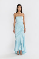Blue corset draped maxi dress by Stolen Stores featuring a fitted bodice and flowing skirt, perfect for elegant occasions.